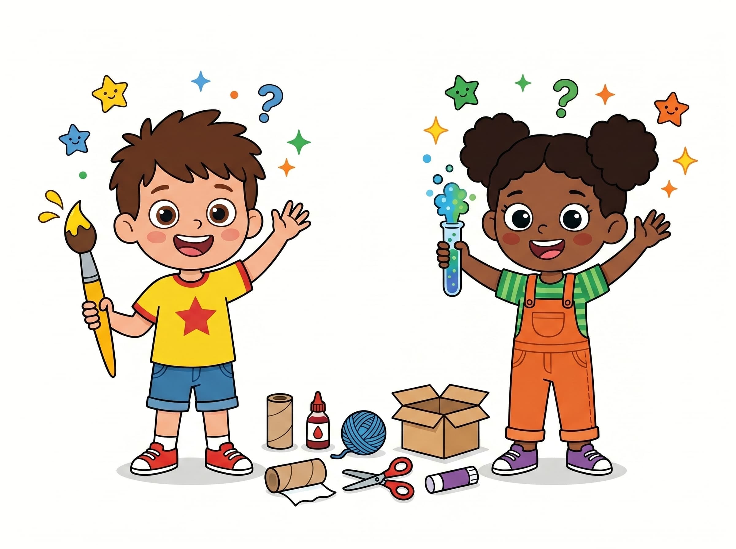 Max and Mia, the Busy Makers characters, surrounded by paper, paint and craft supplies.